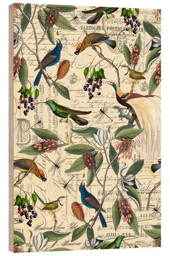 Wood print Birds and magnolias