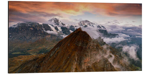 Tableau en aluminium Montagnes de la Jungfrau au coucher du soleil, Oberland Bernois, Suisse