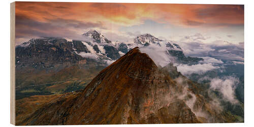 Holzbild Jungfrau Berge bei Sonnenuntergang, Berner Oberland, Schweiz