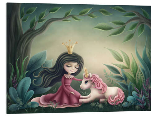 Acrylic print Princess with unicorn in the magic forest