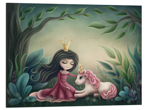 Tableau en aluminium Princess with unicorn in the magic forest