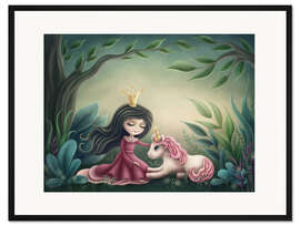 Gerahmter Kunstdruck Prinzessin mit Einhorn im Zauberwald