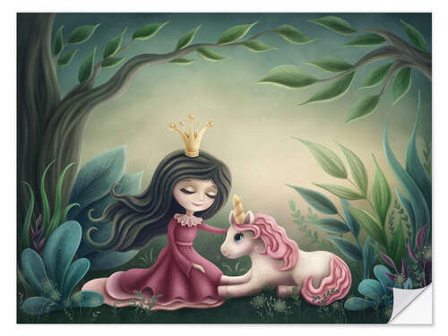 Selvklebende plakat Princess with unicorn in the magic forest