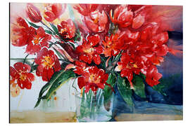 Aluminium print Red tulips in glass vase