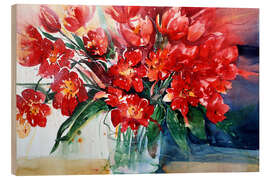 Wood print Red tulips in glass vase