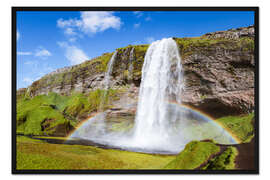 Gerahmter Kunstdruck Wasserfall und Regenbogen, Island