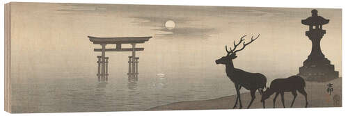 Hout print Deer, stone lantern and torii