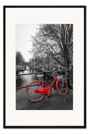 Gerahmter Kunstdruck Rotes Fahrrad am Kanal, Amsterdam