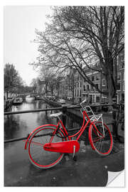 Självhäftande poster Red bicycle on the canal, Amsterdam