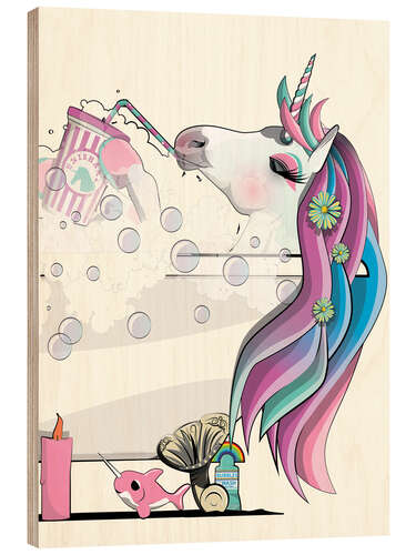 Tableau en bois Licorne dans le bain