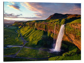 Tableau en aluminium Soleil de minuit sur la cascade, Islande