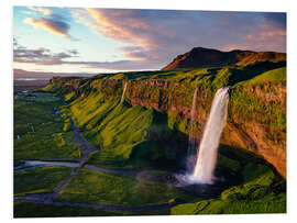 Foam board print Midnight sun over the waterfall, Iceland