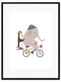 Kehystetty taidepainatus Elephant and Penguin on bicycle