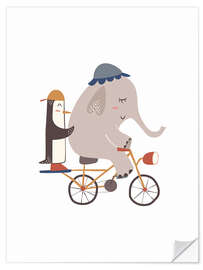 Selvklebende plakat Elephant and Penguin on bicycle