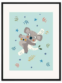 Gerahmter Kunstdruck Koala-Mama mit Baby, blau