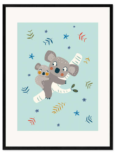 Impresión de arte enmarcada Mamá koala con bebé, azul