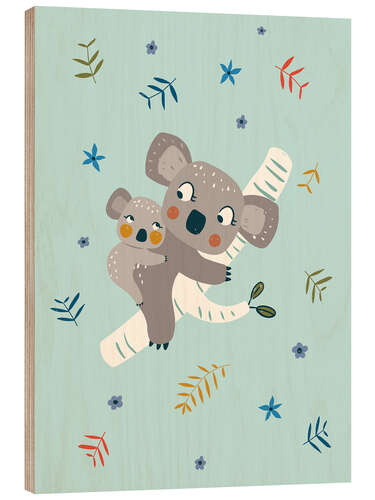 Tableau en bois Maman koala avec bébé, bleu