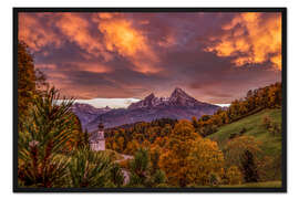 Gerahmter Kunstdruck Maria Gern mit Watzmann im Herbst