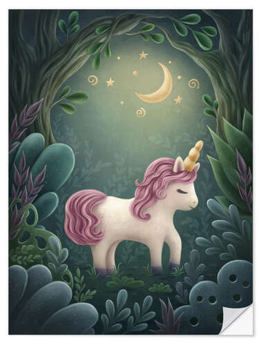 Selvklebende plakat Little unicorn in forest