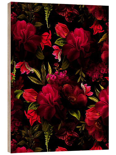 Wood print Dark red vintage roses