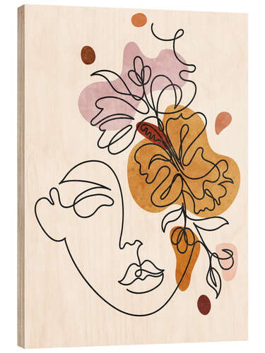 Wood print Lineart Face with Flowers I