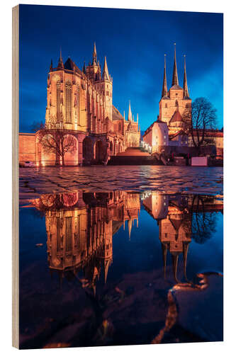 Tableau en bois Place de la cathédrale d'Erfurt dans la soirée