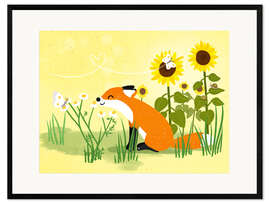 Inramat konsttryck Fox with sunflowers