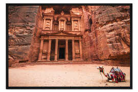 Gerahmter Kunstdruck Kamel vor der Schatzkammer von Petra