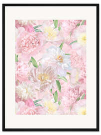 Gerahmter Kunstdruck Üppiger hygge Pfingstrosen und Rosen Garten