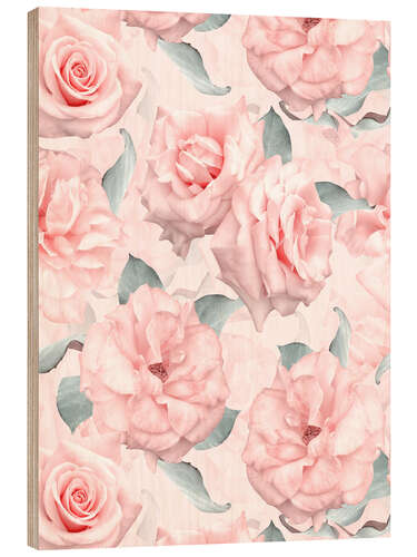 Wood print Lush pink roses