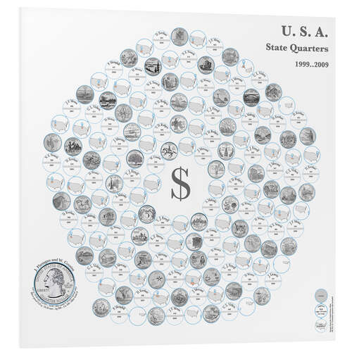 Foam board print The fifty state quarters on a pentagonal spiral by daylight