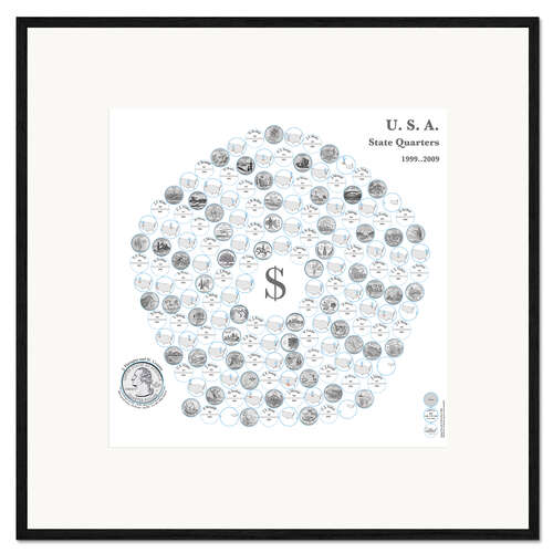 Ingelijste kunstdruk The fifty state quarters on a pentagonal spiral by daylight