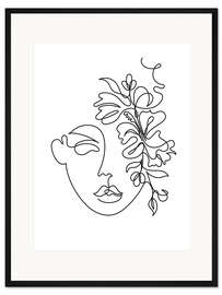 Gerahmter Kunstdruck Lineart-Gesicht mit Blumen II