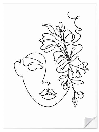 Sticker mural Lineart Face with Flowers II