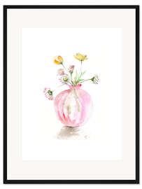 Gerahmter Kunstdruck Butterblumen in einer zarten rosa Glasvase
