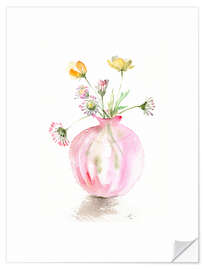 Selvklebende plakat Buttercups in a delicate pink glass vase