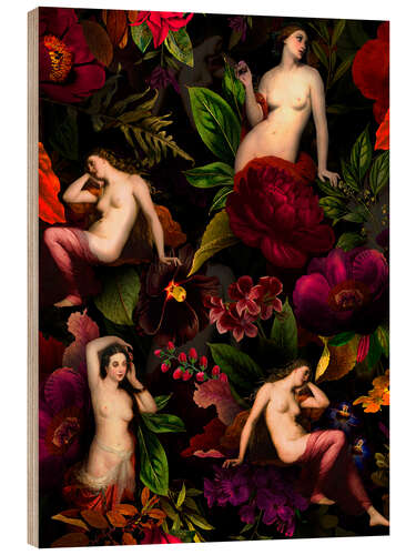 Wood print Nymphs in the night flower garden