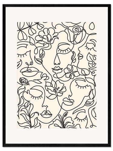 Impression artistique encadrée Lineart Faces with Flowers I