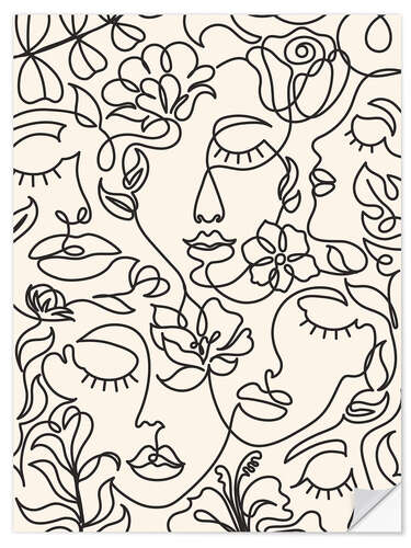 Wandsticker Lineart-Gesichter mit Blumen I