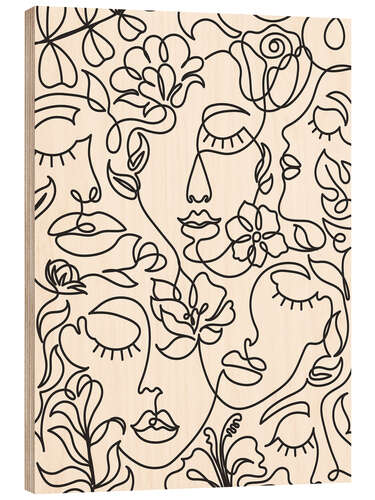 Cuadro de madera Lineart Faces with Flowers I
