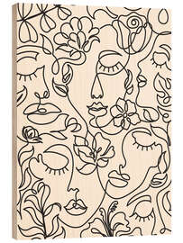 Trätavla Lineart Faces with Flowers I