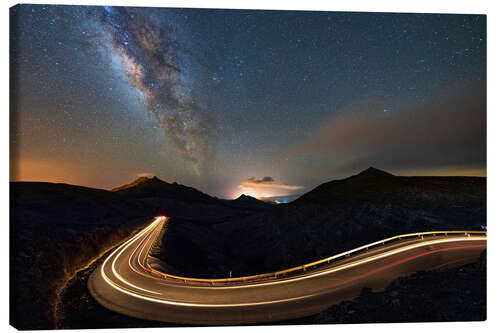 Canvas print Car trails lights under Milky Way, Fuerteventura