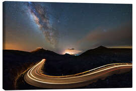 Canvas print Car trails lights under Milky Way, Fuerteventura