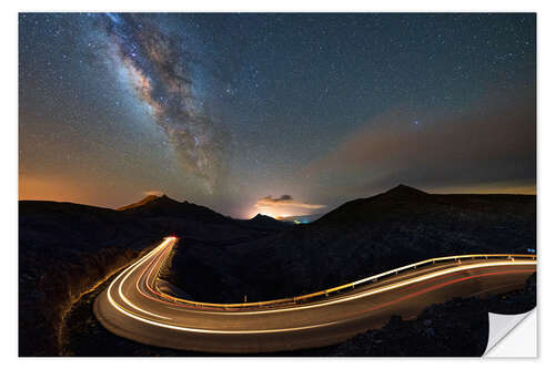 Sticker mural Car trails lights under Milky Way, Fuerteventura