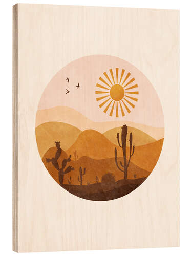 Wood print Sun in desert with cacti