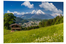 Foam board print Alpine landscape with hut in summer with Watzmann