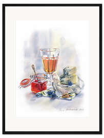 Gerahmter Kunstdruck Roséwein und Käse