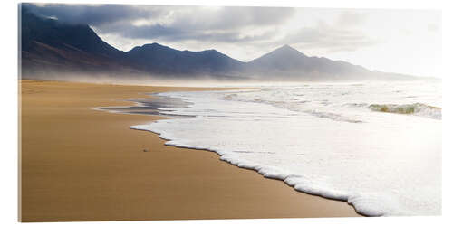 Acrylic print Waves crashing on sand beach at sunset, Fuerteventura