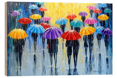 Wood print Rain in Colourful Umbrellas