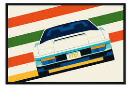Gerahmter Kunstdruck Angled white sports car front with stripes